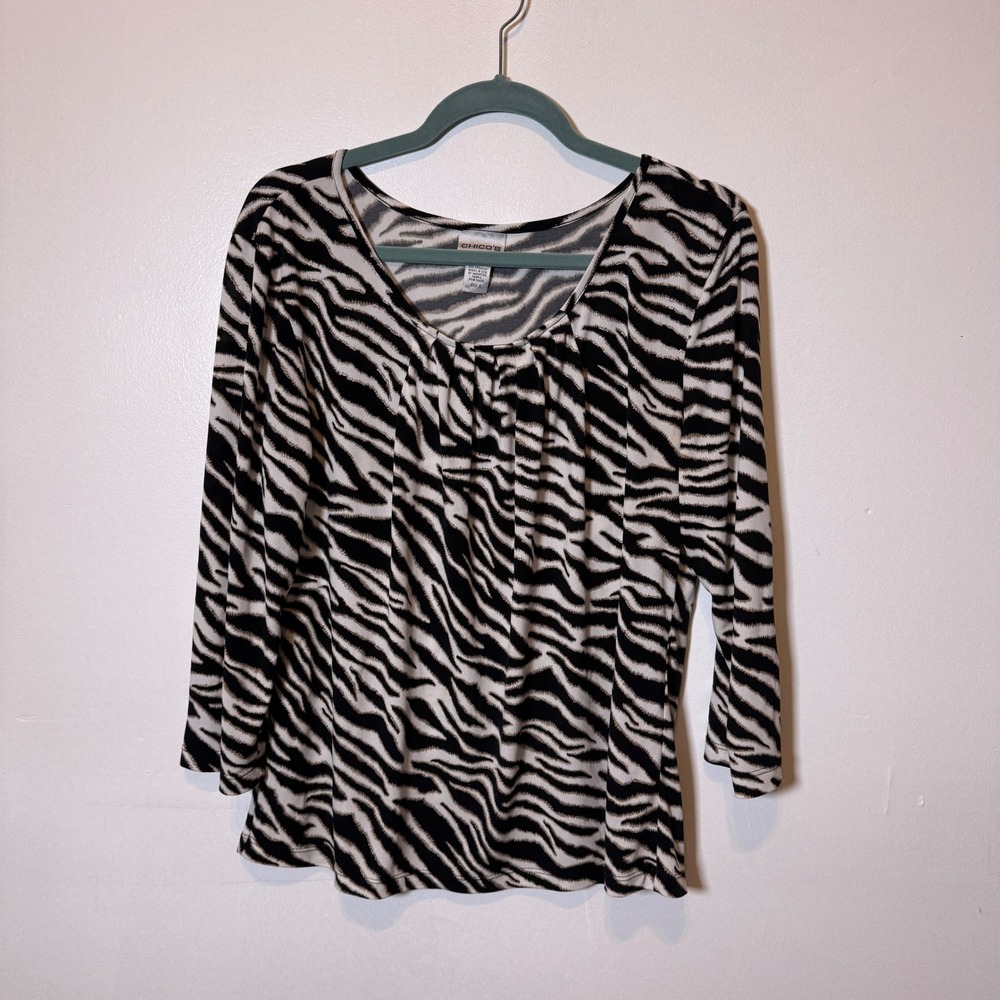 CHICOS Zebra Print Long Sleeve Top Women Size 2 Black White V-Neck Tunic